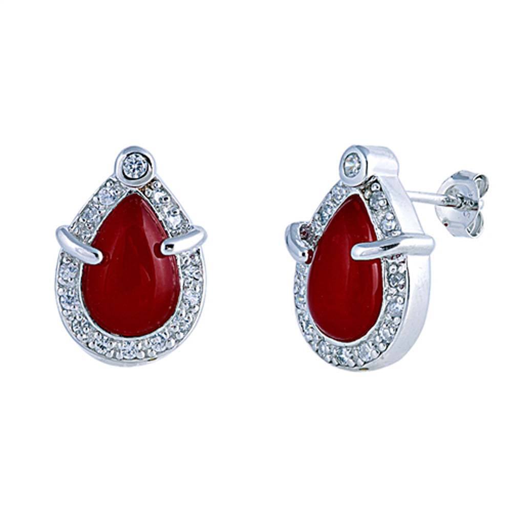 Sterling Silver Red Agat And Clear Pear Shaped CZ EarringsAnd Face Height 17 mm