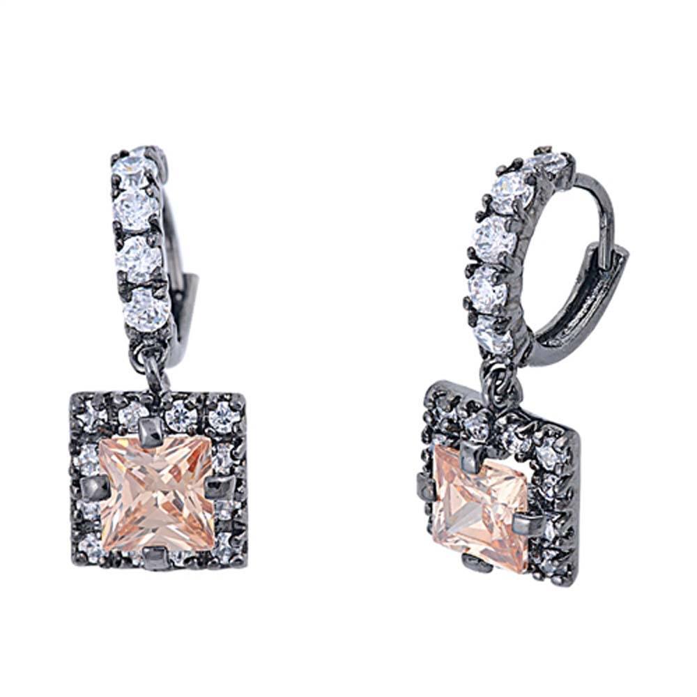 Sterling Silver Champagne And Clear Square Shaped CZ EarringsAnd Face Height 10 mm