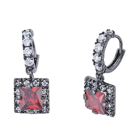 Sterling Silver Garnet And Clear Square Shaped CZ EarringsAnd Face Height 10 mm