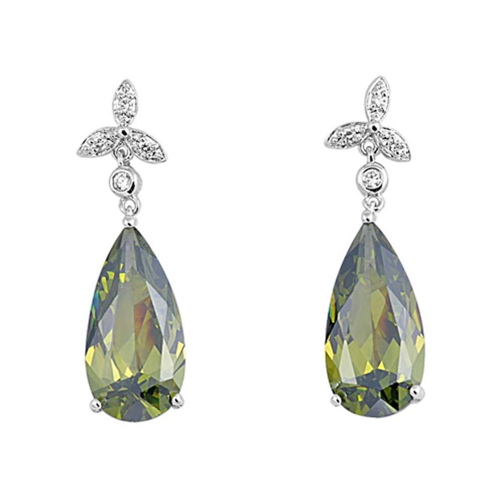Sterling Silver Olive And Clear Pear Shaped CZ EarringsAnd Face Height 35 mm