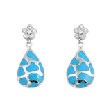 Sterling Silver Bali Blue Opal Pear And Flower Shaped CZ EarringsAnd Face Height 30 mm