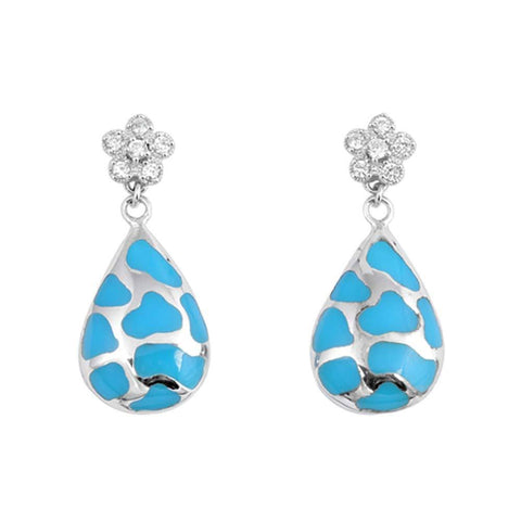 Sterling Silver Bali Blue Opal Pear And Flower Shaped CZ EarringsAnd Face Height 30 mm