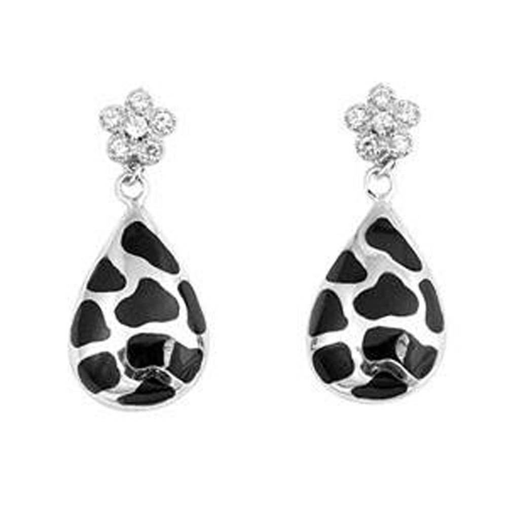 Sterling Silver Bali Black Pear And Flower Shaped CZ EarringsAnd Face Height 30 mm