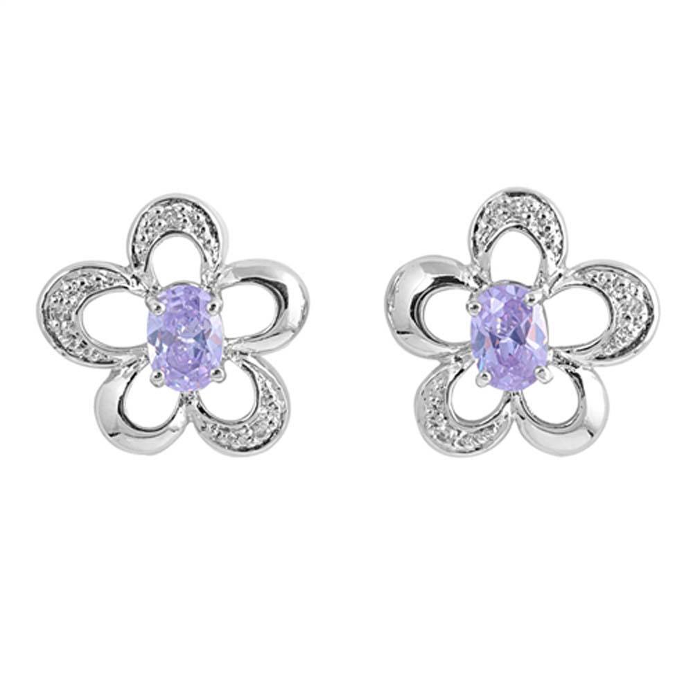 Sterling Silver Lavender Oval And Flower Shaped CZ EarringsAnd Face Height 18 mm