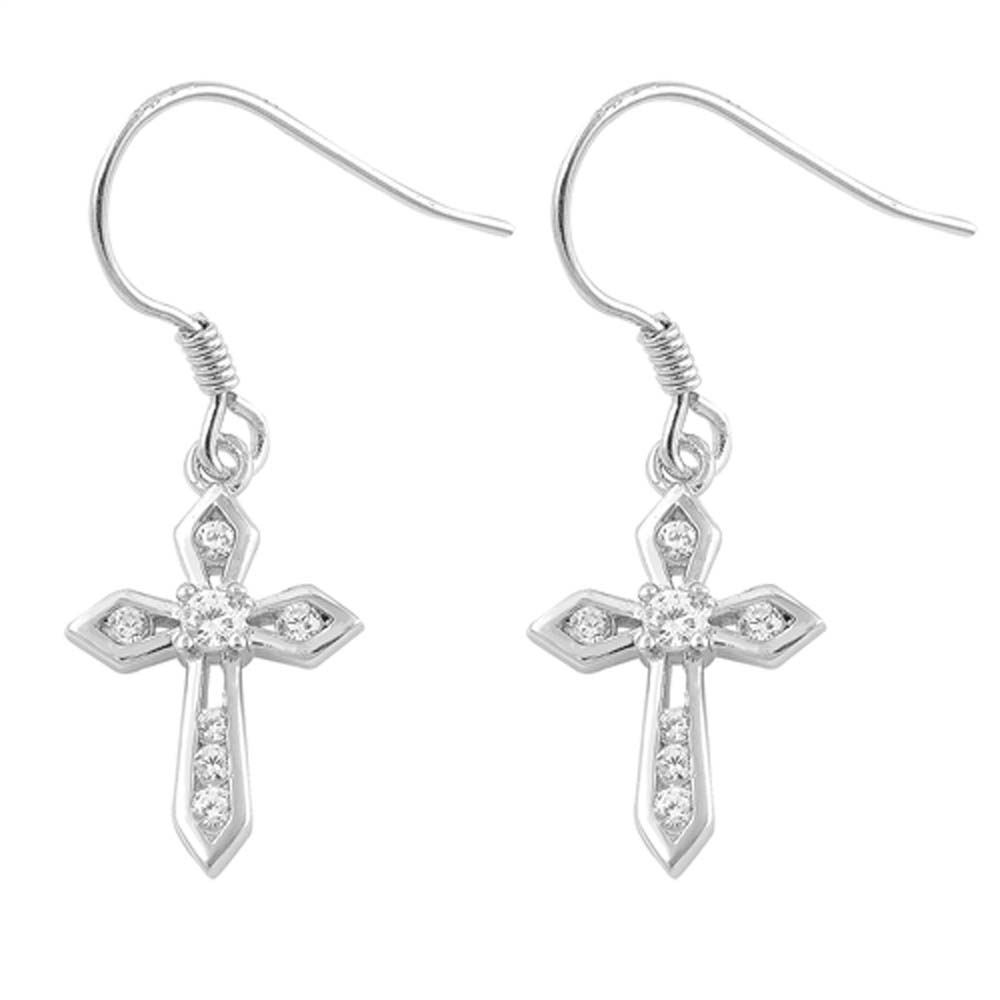 Sterling Silver Diamond Cut Cross Shaped CZ EarringsAnd Face Height 14 mm