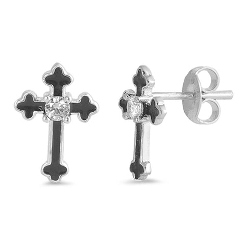 Sterling Silver Black Cross Shaped CZ EarringsAnd Face Height 11 mm