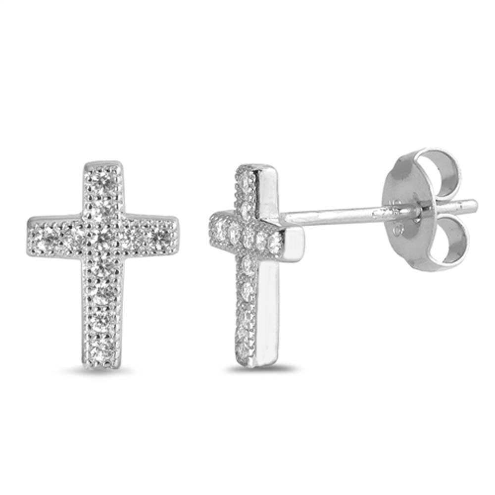Sterling Silver Round Stone Cross Shaped CZ EarringsAnd Face Height 10 mm