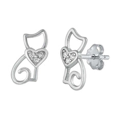 Sterling Silver Rhodium Plated CZ Cat Small Stud Earrings