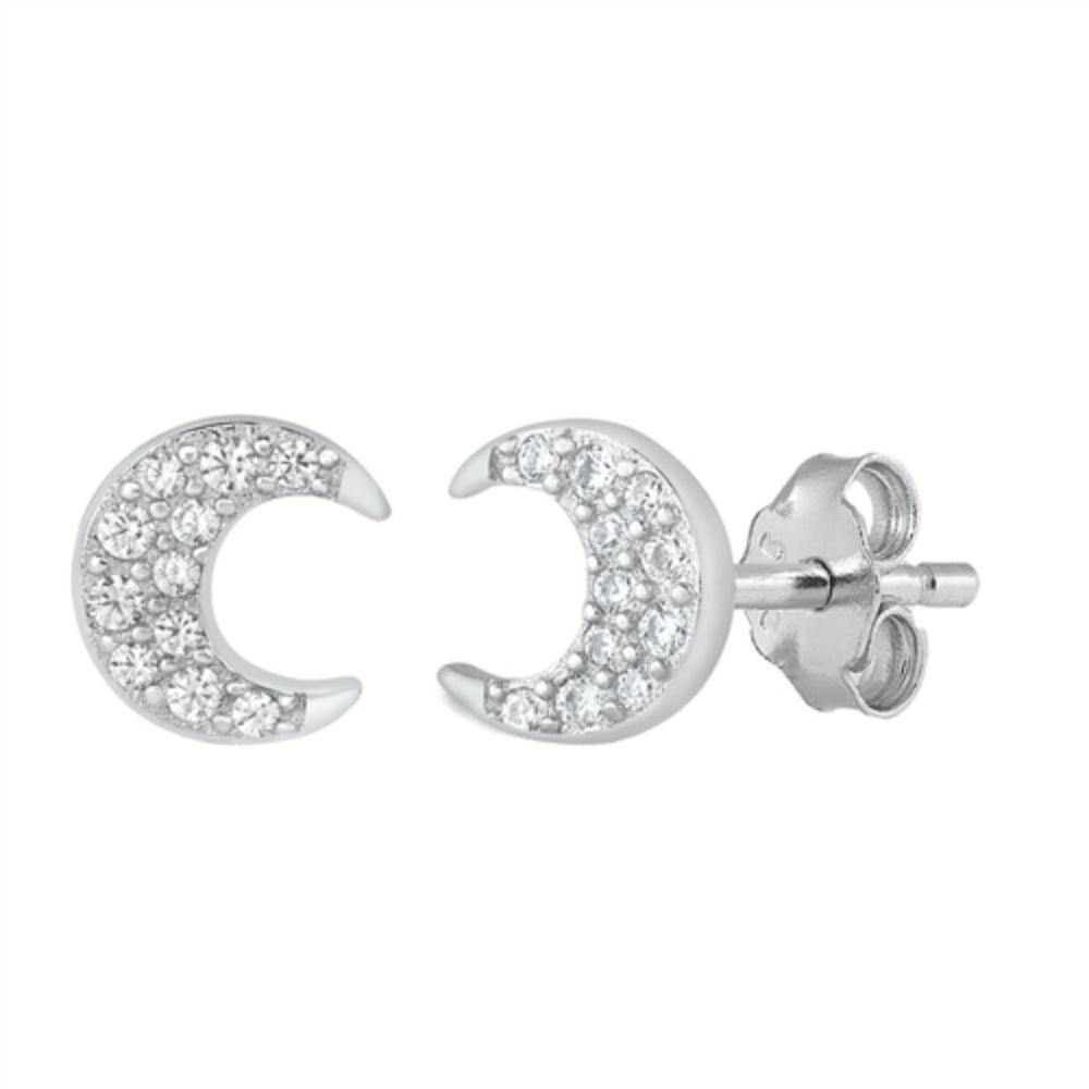Sterling Silver Rhodium Plated Crescent Moon CZ Earrings