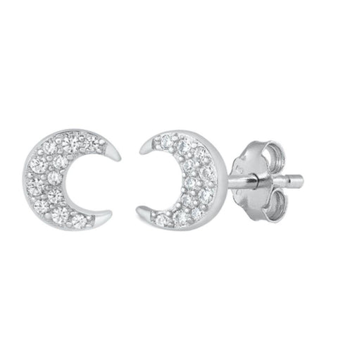 Sterling Silver Rhodium Plated Crescent Moon CZ Earrings