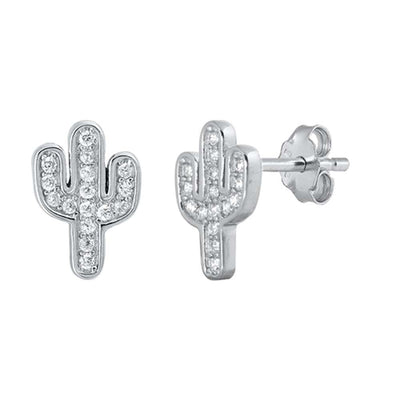 Sterling Silver Cactus Clear CZ Stud Earrings