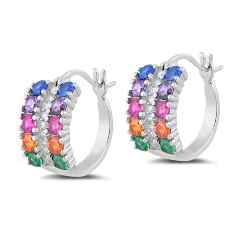 Sterling Silver Clear and Multicolor CZ Huggie Earrings - silverdepot