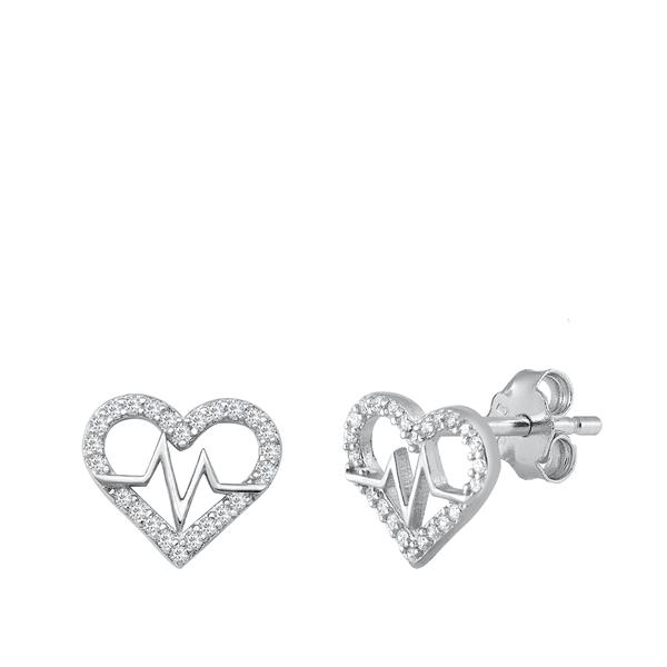 Sterling Silver Rhodium Plated EKG Heartbeat CZ Earrings