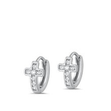 Load image into Gallery viewer, Sterling Silver Rhodium Plated Cross Huggie CZ Earrings