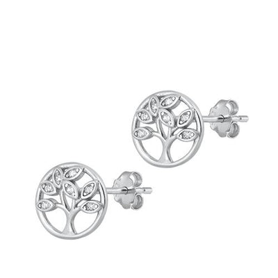 Sterling Silver Rhodium Plated Tree of Life Stud Earrings