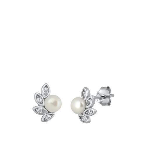 Sterling Silver Rhodium Plated Pearl CZ Earrings