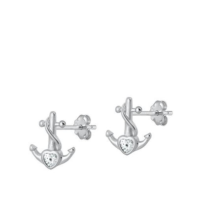 Sterling Silver Rhodium Plated Anchor and Heart Stud Earrings