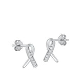 Sterling Silver Rhodium Plated Breast Cancer Ribbon CZ Stud Earrings