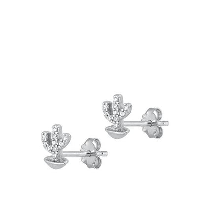 Sterling Silver Rhodium Plated Cactus Stud Earrings