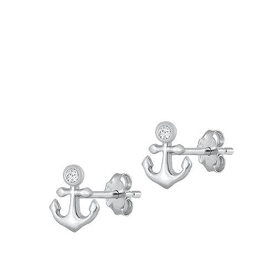 Sterling Silver Rhodium Plated Anchor Stud Earrings