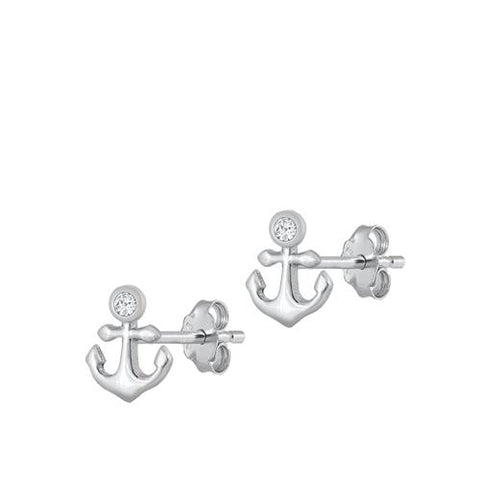 Sterling Silver Rhodium Plated Anchor Stud Earrings