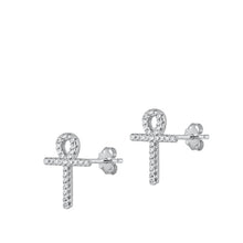 Load image into Gallery viewer, Sterling Silver Rhodium Plated Ankh Cross Clear CZ Earrings