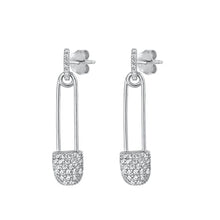 Load image into Gallery viewer, Sterling Silver Rhodium Plated Safety Pin Clear CZ Earrings