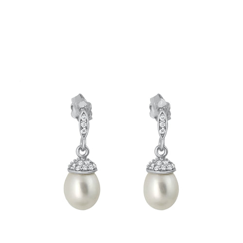 Sterling Silver Rhodium Plated Hanging Pearl And Clear CZ Earrings