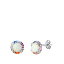 Load image into Gallery viewer, Sterling Silver Rhodium Plated White Lab Opal and Multi-colored CZ Earrings