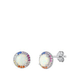 Sterling Silver Rhodium Plated White Lab Opal and Multi-colored CZ Earrings