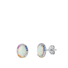 Load image into Gallery viewer, Sterling Silver Rhodium Plated White Lab Opal and Multi-colored CZ Oval Earrings