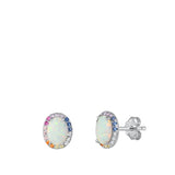 Sterling Silver Rhodium Plated White Lab Opal and Multi-colored CZ Oval Earrings