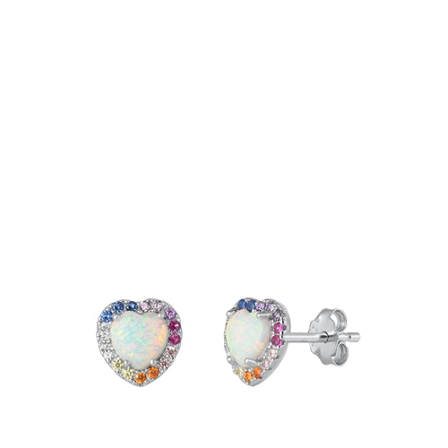 Sterling Silver Rhodium Plated White Lab Opal and Multi-colored CZ Heart Earrings