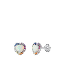 Load image into Gallery viewer, Sterling Silver Rhodium Plated White Lab Opal and Multi-colored CZ Heart Earrings