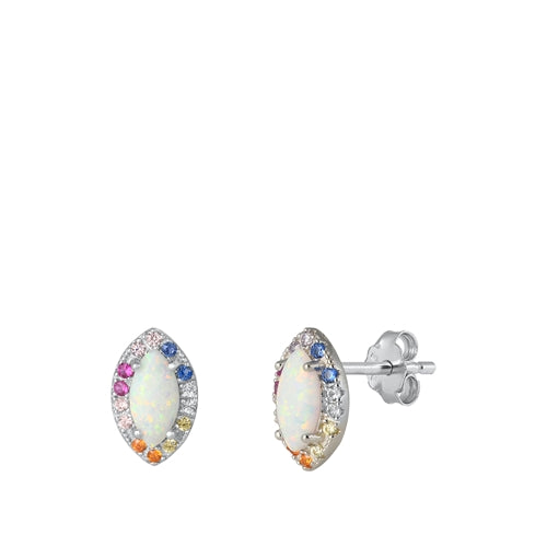 Sterling Silver Rhodium Plated White Lab Opal and Multi-colored CZ Marquise Earrings