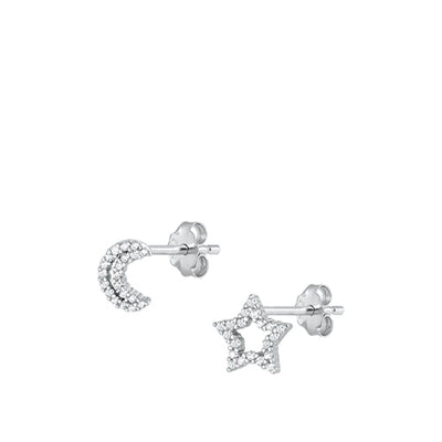 Sterling Silver Rhodium Plated Star And Moon Clear CZ Stud Earrings