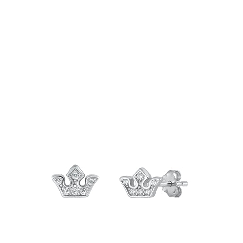 Sterling Silver Rhodium Plated Clear CZ Crown Earrings