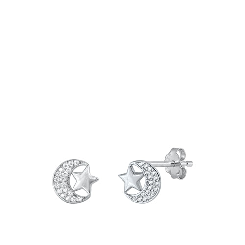 Sterling Silver Rhodium Plated Clear CZ Moon And Star Earrings