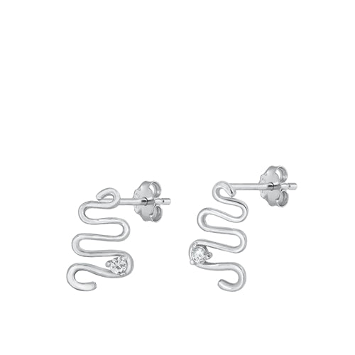 Sterling Silver Rhodium Plated Clear CZ Snake Earrings