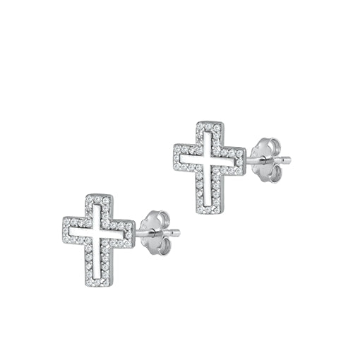 Sterling Silver Rhodium Plated Cross Clear CZ Earrings-11.4mm
