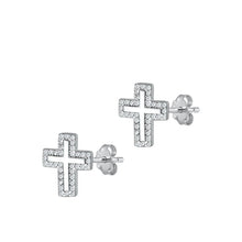 Load image into Gallery viewer, Sterling Silver Rhodium Plated Cross Clear CZ Earrings-11.4mm