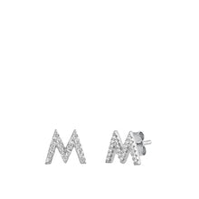 Load image into Gallery viewer, Sterling Silver Rhodium Plated Initial M CZ Earrings