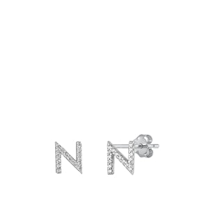 Sterling Silver Rhodium Plated Initial N CZ Earrings