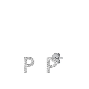 Sterling Silver Rhodium Plated Initial P CZ Earrings