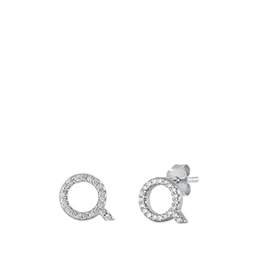 Sterling Silver Rhodium Plated Initial Q CZ Earrings
