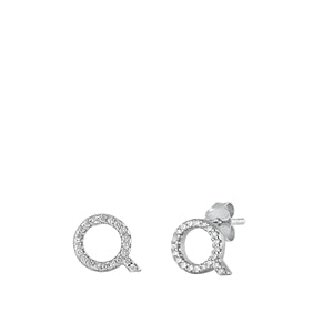 Sterling Silver Rhodium Plated Initial Q CZ Earrings