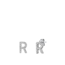 Load image into Gallery viewer, Sterling Silver Rhodium Plated Initial R CZ Earrings
