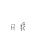 Sterling Silver Rhodium Plated Initial R CZ Earrings