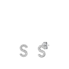 Load image into Gallery viewer, Sterling Silver Rhodium Plated Initial S CZ Earrings