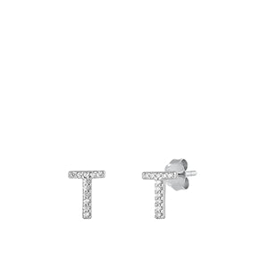 Sterling Silver Rhodium Plated Initial T CZ Earrings